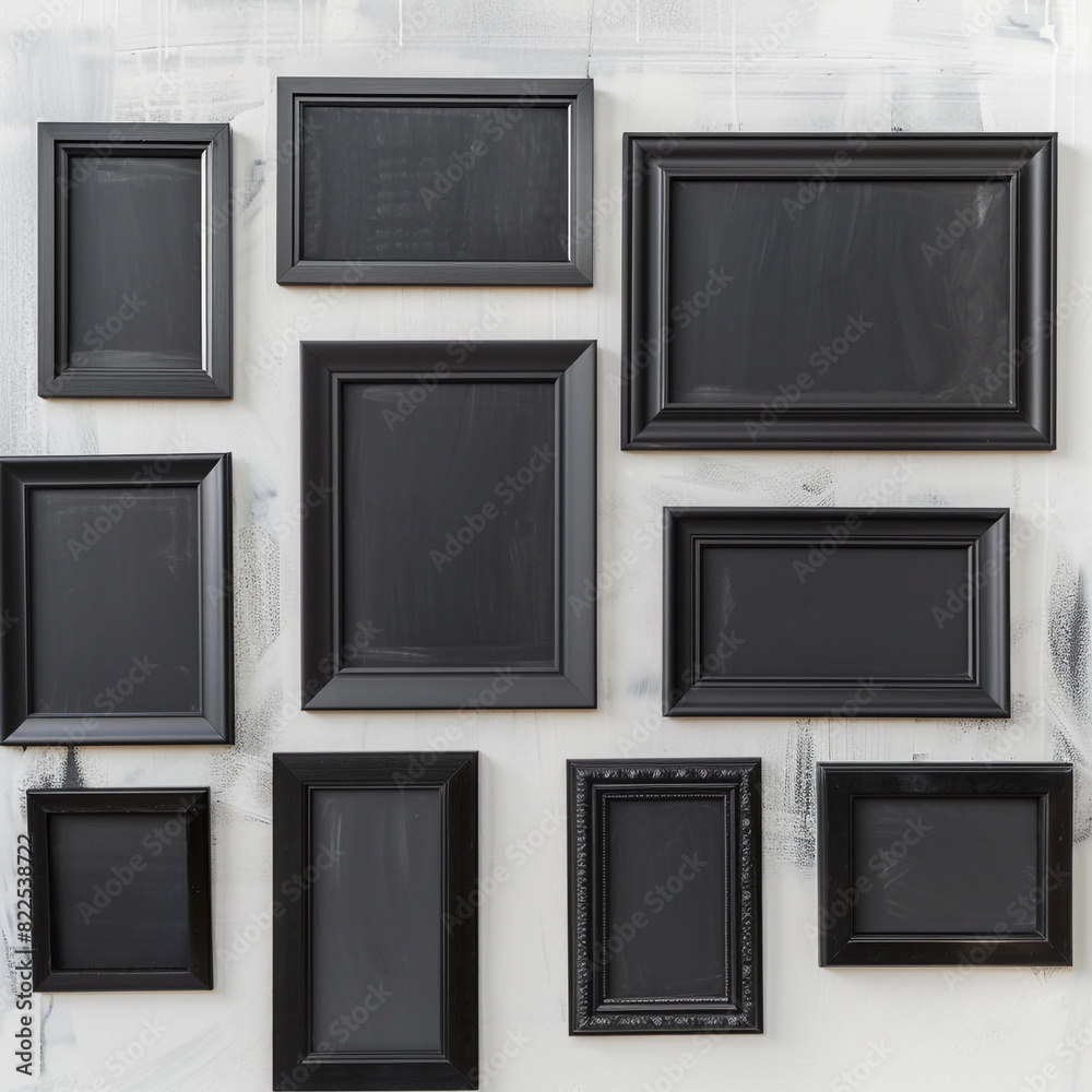 Thin black blank frames elegantly displayed on a gallery's white chalk wall. Thin black blank frames elegantly displayed on a gallery's white chalk wall.