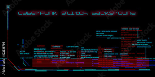 Cyberpunk glitch background with futuristic, tech-inspired aesthetic. Glitch code in shades of blue and red on a black background. RGB-Shift and Static Noise Backdrop.