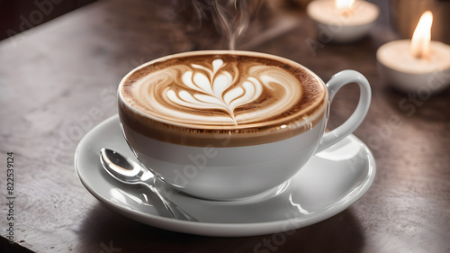 Cappuccino coffee and latte art. A cup of coffee on the wooden table. A cup of coffee on the wooden table. AI generated image  ai.