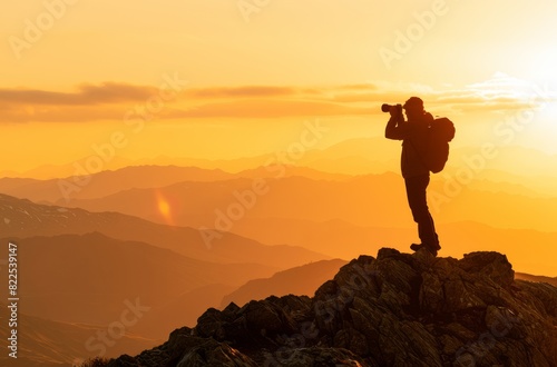 Silhouette of man standing on top mountain holding binoculars 