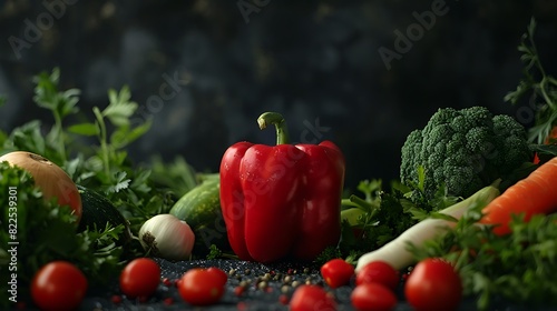 Single pepper  A single red pepper stands out amongst the other vegetables  perfectly lit against a dark background