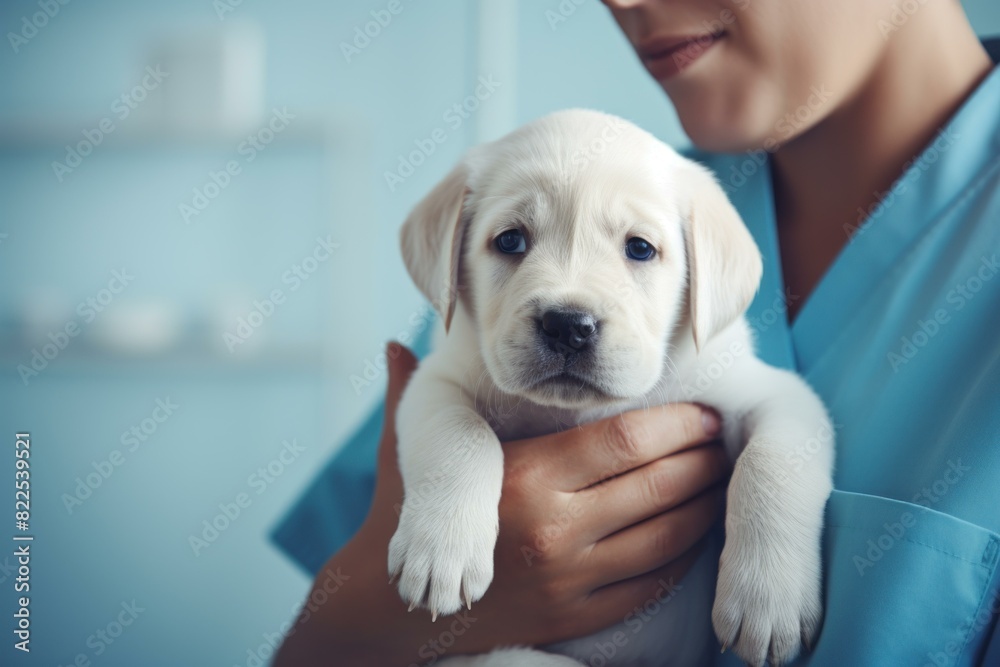 Compassionate vet in scrubs gently cradles a white puppy, symbolizing care and love for animals