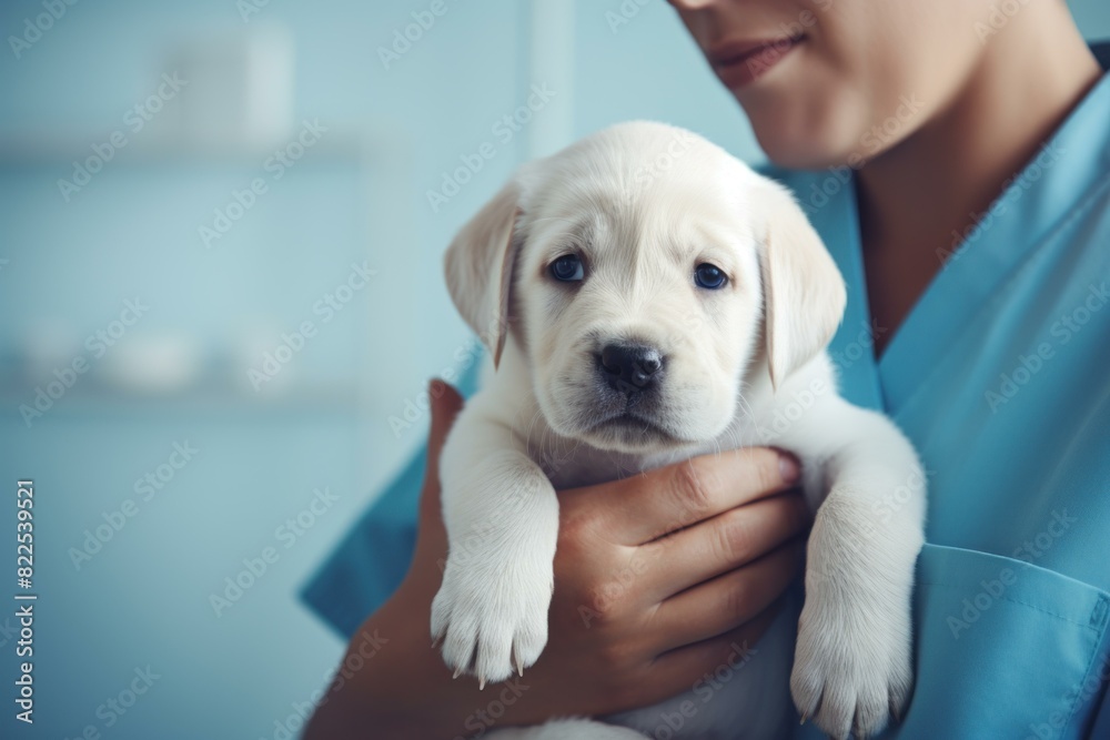 Compassionate vet in scrubs gently cradles a white puppy, symbolizing care and love for animals Compassionate vet in scrubs gently cradles a white puppy, symbolizing care and love for animals