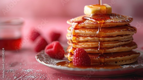 A stack of fluffy pancakes with a pat of melting butter and maple syrup cascading down, on a solid pink background.