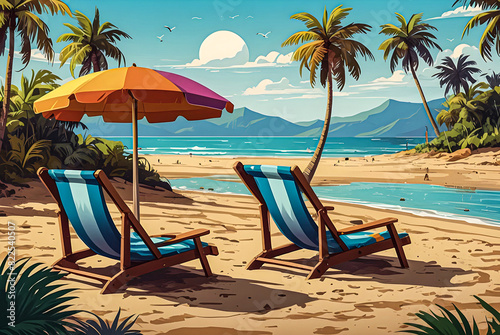 A cheerful comic-style illustration of a tropical beach with palm trees  beach chairs  and colorful beach vector art illustration generative AI image. 