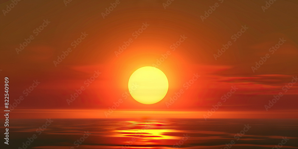 A bright orange sun dips below the horizon, casting a warm hue across the sky. A bright orange sun dips below the horizon, casting a warm hue across the sky.