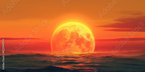 A bright orange sun dips below the horizon, casting a warm hue across the sky. photo