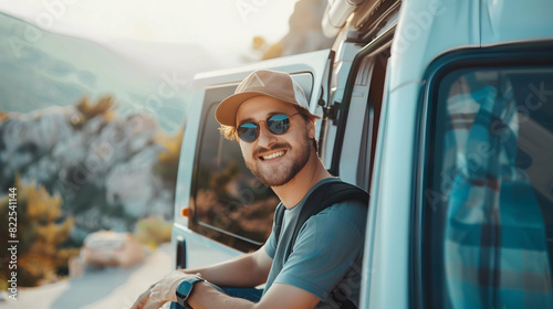 Close-up young man traveler in sunglasses standing near car in the sun photo