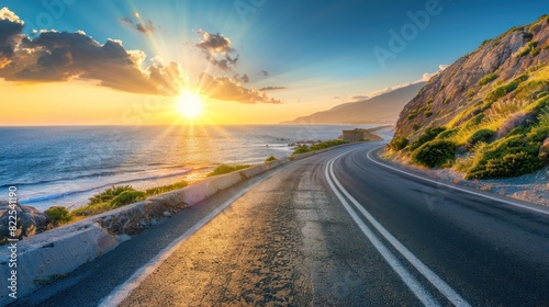 Beautiful scene of coastline with asphalt highway road on nature landscape at sunrise. Generated AI