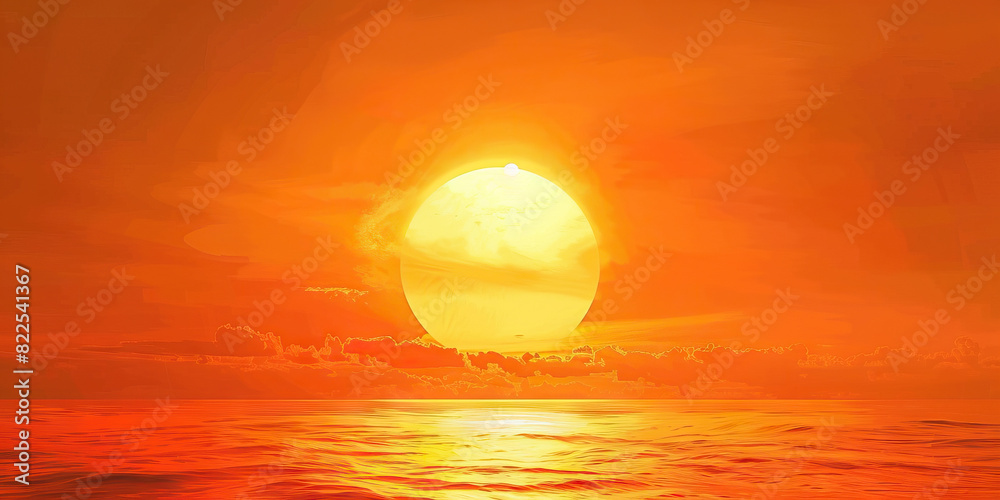 A bright orange sun dips below the horizon, casting a warm hue across the sky. A bright orange sun dips below the horizon, casting a warm hue across the sky.