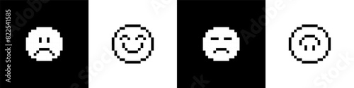 Set of pixel smile icons. Various emoji. Sad and happy faces. Pixels Y2k trendy stickers. Black and white colors. 8bit retro elements in the mood of 90's aesthetics. Vector illustration