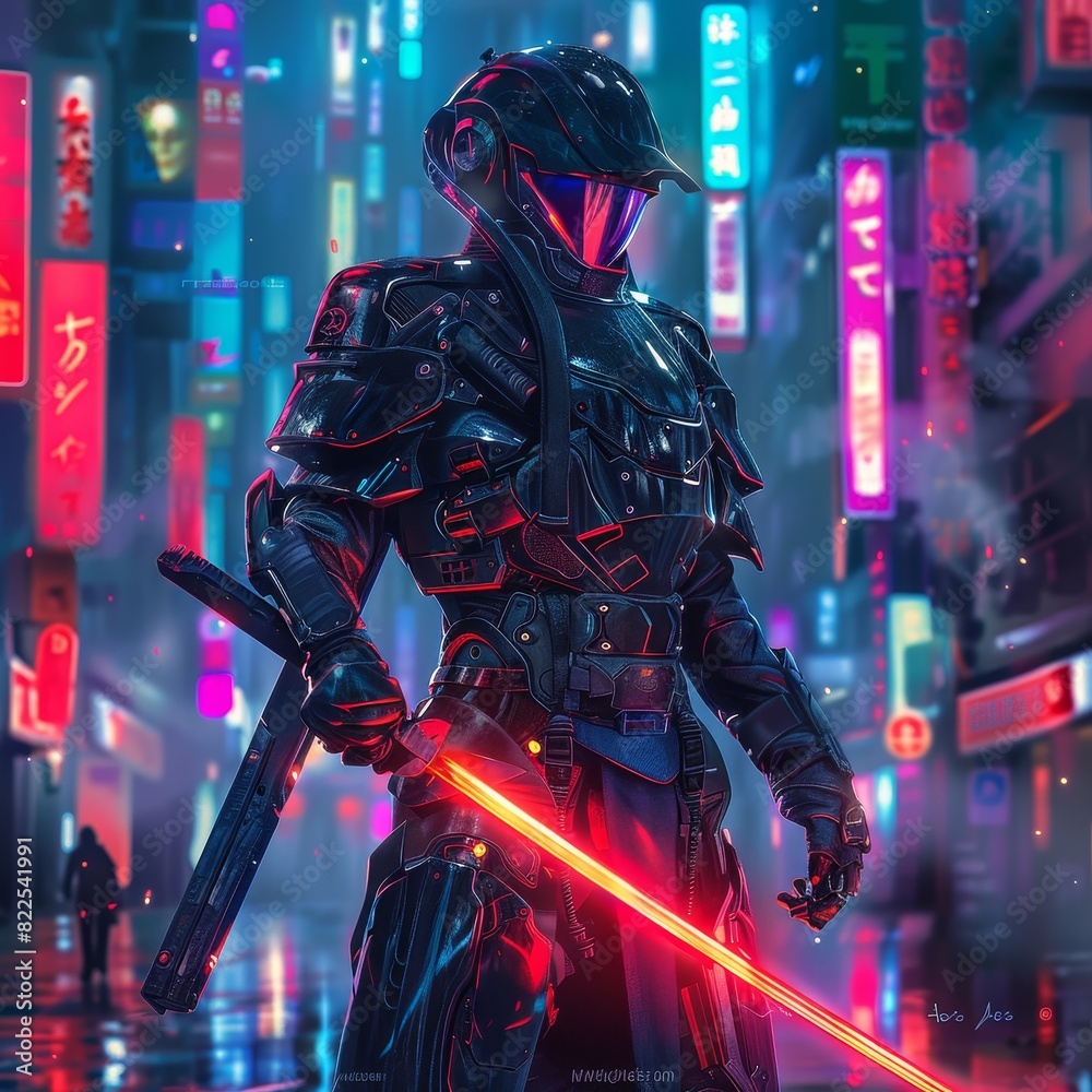 Armored Samurai Warrior Holding Red Light Sword in Neon-Lit City at Night
