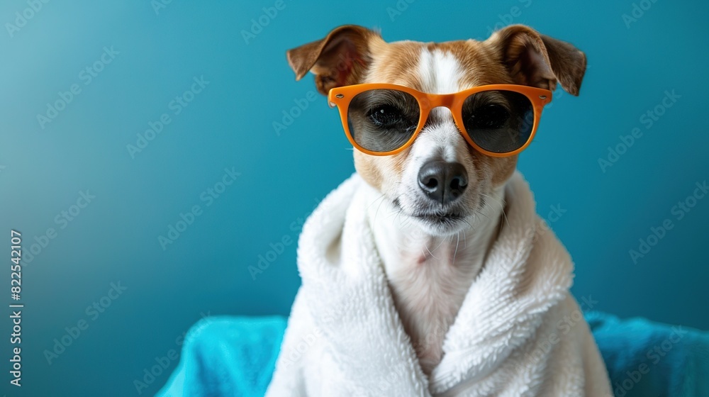 jack russell dog wearing a bathrobe and funny sunglasses. Generative Ai jack russell dog wearing a bathrobe and funny sunglasses. Generative Ai