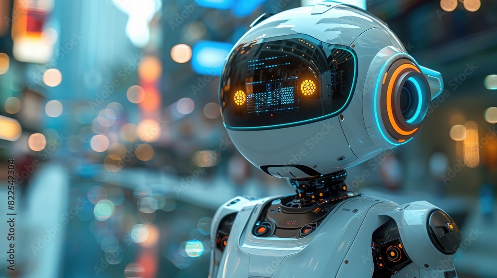 An autonomous security robot with a digital HUD and surveillance capabilities, on a solid cyan background. An autonomous security robot with a digital HUD and surveillance capabilities, on a solid cyan background.