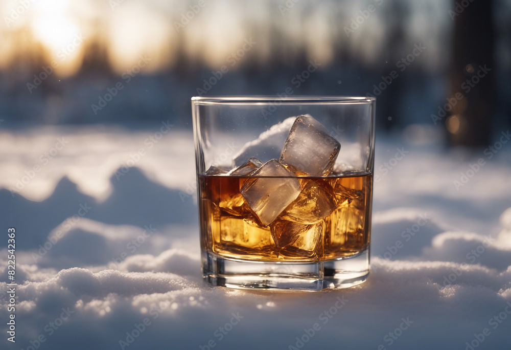 a glass of whiskey with ice and bottle of whiskey in the snow, blurry background
a glass of whiskey with ice and bottle of whiskey in the snow, blurry background