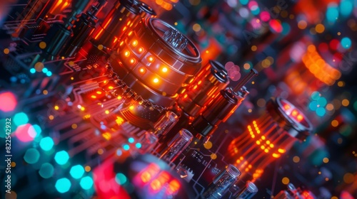 Detailed close-up of electronic circuit boards illuminated by vibrant  glowing lights. Quantum Computers concept