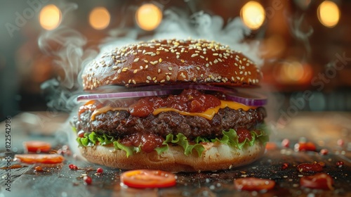 Delicious burger with fire flames on wooden background