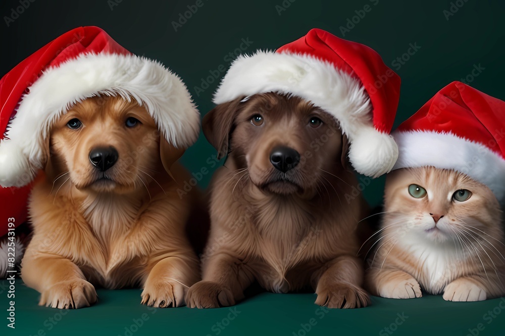 Group dog and cat and kitens wearing a santa hat
