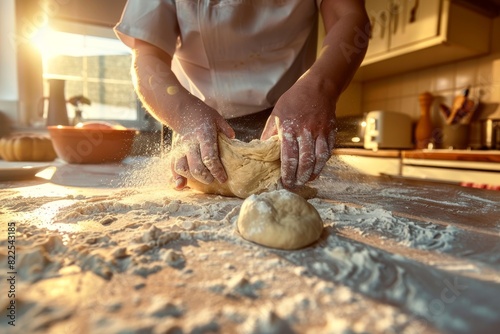 Person kneading dough in a sunlit kitchen  Created with Generative AI.