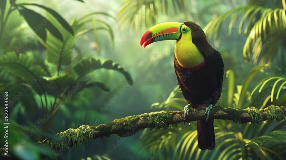 Fototapeta premium Keel billed Toucan, Ramphastos sulfuratus, bird with big bill sitting on branch in the.Generative Ai