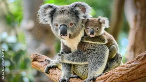 Koala, phascolarctos cinereus, Female carrying Young on its Back. Generative Ai photo