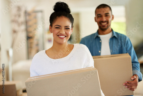 Excited, couple and packing with box, portrait and moving in home for new house or apartment. Happy, people and real estate with cardboard, packaging and relocating for shipping on property in lounge