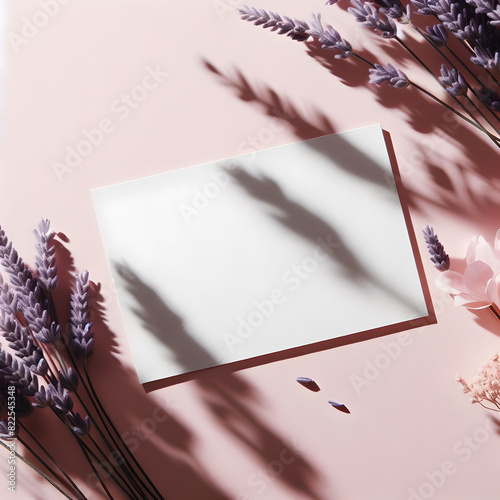 White paper, in the shade next to lavender flowers on a pink background. Top view. photo