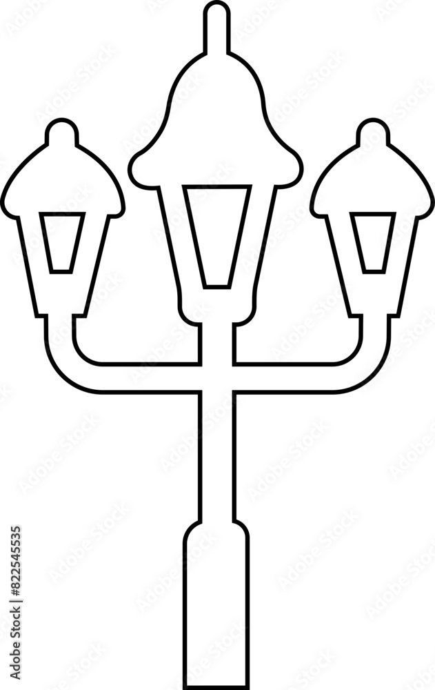 street light lamps and spotlights line icon. Old and modern street lamp black silhouette city vintage glowing in darkness road in dusk vector isolated on transparent background