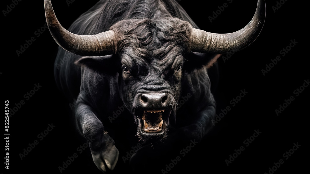 An aggressive black bull charges towards the camera against a dark background, capturing the intensity and power of this majestic animal. An aggressive black bull charges towards the camera against a dark background, capturing the intensity and power of this majestic animal.