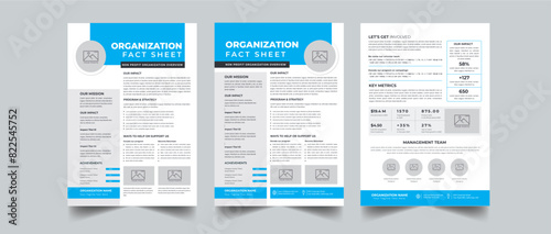Nonprofit Organization Fact Sheet layout design template with 3 style design concept