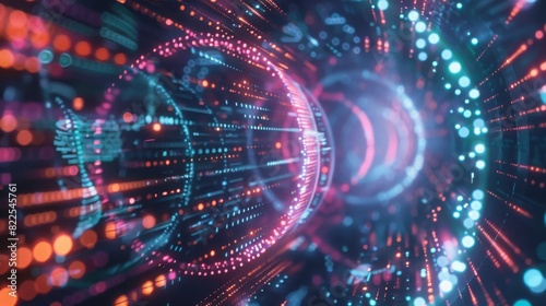 A dynamic and colorful digital data stream flows through a futuristic cyber network, displaying vibrant lights and high-speed data transmission in a high-tech environment.