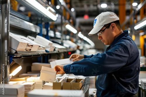 Worker organizes packages in a welllit warehouse with shelves, Created with Generative AI. photo