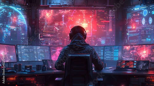 Young Skilled cyberpunk hacker in a futuristic setting in the center of an office room surrounded by computer monitors. photo