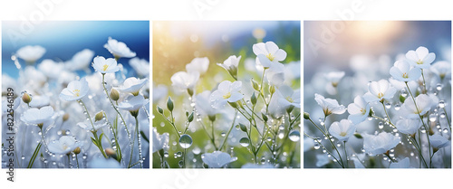 Panel kuchenny z motywem Tryptyk, ilustracja, letni biały kwiat, jasny kolor. Pastelowe dekoracyjne tło kwiatowe. Bukiet kwiatów, puste miejsce na tekst, życzenia lub zaproszenie