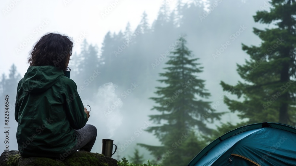 Back view of a young woman hiker drinks coffee and enjoys the smell of the fresh morning forest alone. The breath of the morning foggy forest and the spirit of freedom. Back view of a young woman hiker drinks coffee and enjoys the smell of the fresh morning forest alone. The breath of the morning foggy forest and the spirit of freedom.