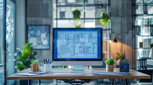 An office desk with a computer displaying a cyber resilience plan, surrounded by printed blueprints and security diagrams, emphasizing strategic planning photo