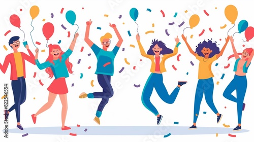 Cartoon party people. Trendy happy dancing group of men and women with party confetti and balloons. Illustration birthday young fun man and his friends