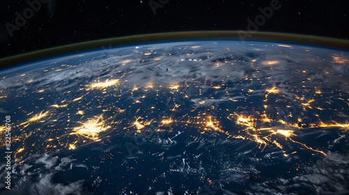 A stunning view of Earth at night  with illuminated city lights visible across continents  showcasing the planet s vibrant human activity