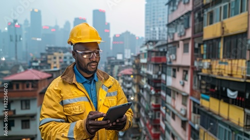 An engineer using a tablet to monitor a city infrastructure with AI-powered predictive maintenance software, with an urban skyline in the background