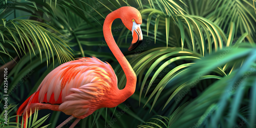 Fototapeta premium A vibrant pink flamingo stands tall amidst the lush greenery, reflecting on its tropical surroundings.
