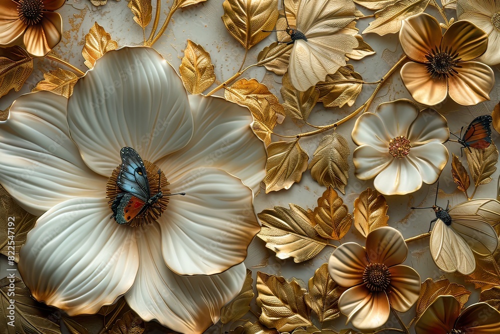 white and golden Flower Patterned Panel Decor: Artistic Wall Display, Elegant Wall Ornaments --