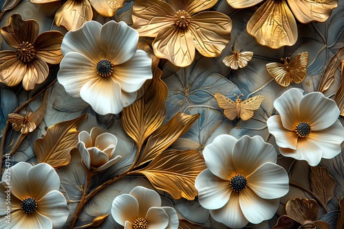 white and golden Flower Patterned Panel Decor  Artistic Wall Display  Elegant Wall Ornaments --