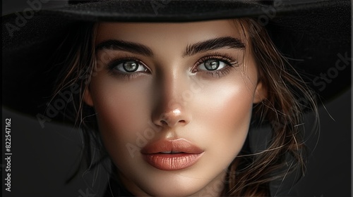 Woman in a black hat, propping her face with her hand and covering her lips, sophisticated beauty