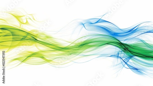  A green  blue  and yellow wave of smoke against a white background