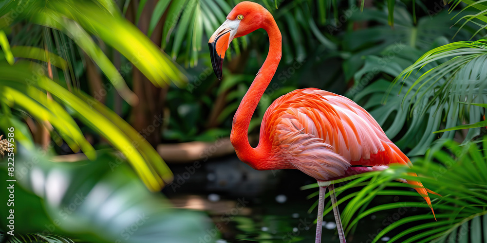 Fototapeta premium A vibrant pink flamingo perched amongst verdant foliage, its image gracefully reflected on a crystalline pool, creating a captivating natural mirror.