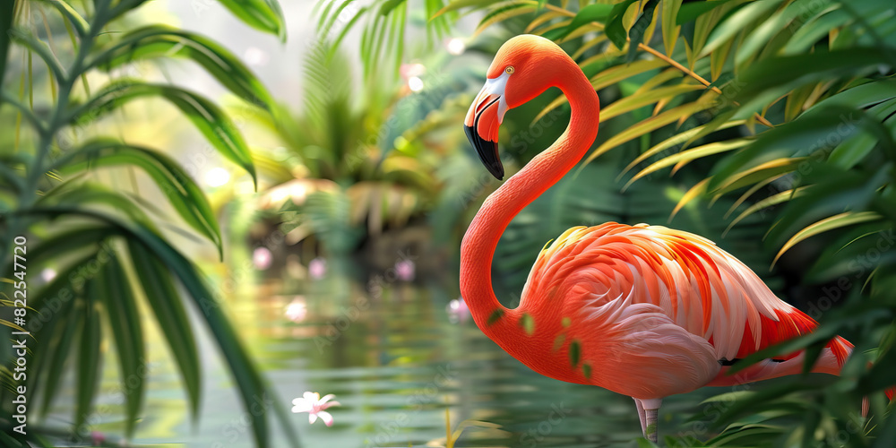 Fototapeta premium A vibrant pink flamingo perched amongst verdant foliage, its image gracefully reflected on a crystalline pool, creating a captivating natural mirror.