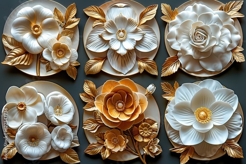white and golden Flower Patterned Panel Decor: Artistic Wall Display, Elegant Wall Ornaments --