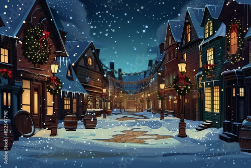 Quaint Village Square Decorated With Twinkling Lights And Wreaths photo