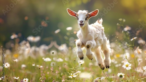 Cute Little funny baby goat jumping in the field with flowers. Generative Ai © We3 Animal