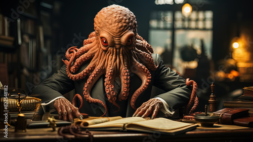 An octopus in a suit works in an office, surrounded by piles of papers, showcasing a fun and whimsical take on multitasking in the corporate world. photo